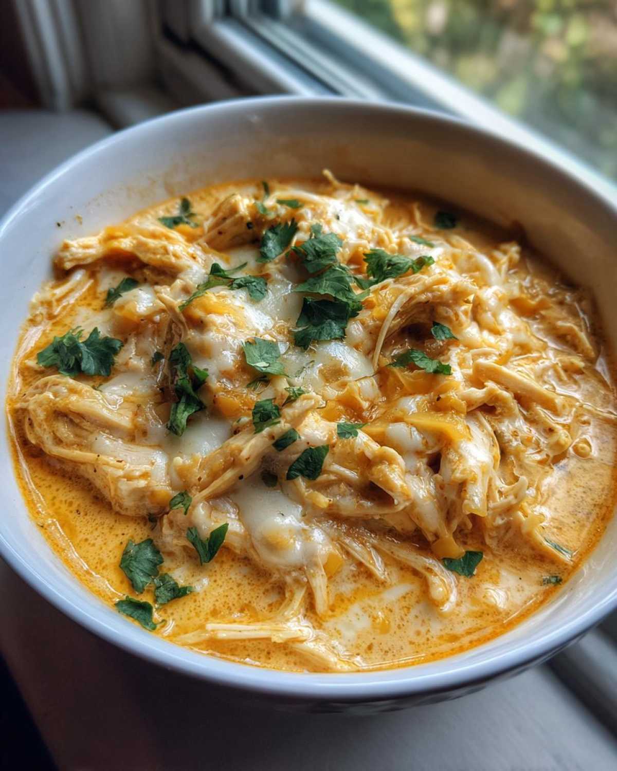 A close-up of a bowl of creamy keto white chicken chili topped with melted white cheese and fresh cilantro.