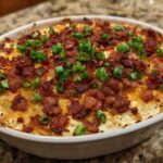 Close-up of a baked jalapeño popper dip topped with crispy bacon bits and sliced green onions.