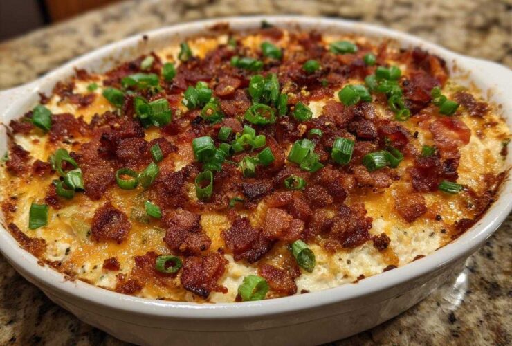 Close-up of a baked jalapeño popper dip topped with crispy bacon bits and sliced green onions.