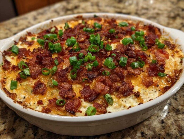 Close-up of a baked jalapeño popper dip topped with crispy bacon bits and sliced green onions.