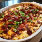 Close-up of a hot, baked jalapeño popper dip covered in crispy bacon bits and fresh green onions.