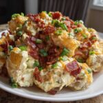A hearty serving of baked potato salad topped generously with crispy bacon, shredded cheddar cheese, and green onions.