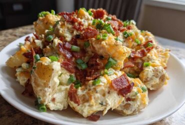 A hearty serving of baked potato salad topped generously with crispy bacon, shredded cheddar cheese, and green onions.