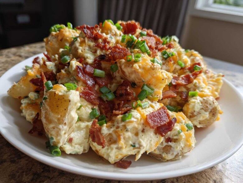 A hearty serving of baked potato salad topped generously with crispy bacon, shredded cheddar cheese, and green onions.