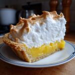 A tall slice of lemon meringue pie showing a thick layer of bright yellow curd and towering, toasted meringue.