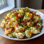 A close-up of loaded baked potato salad topped with cheddar cheese, bacon bits, and chives.