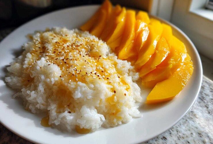 A plate of sweet mango sticky rice topped with golden syrup and toasted sesame seeds.