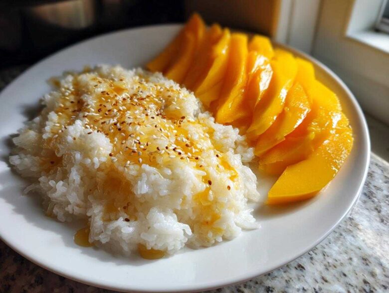 A plate of sweet mango sticky rice topped with golden syrup and toasted sesame seeds.