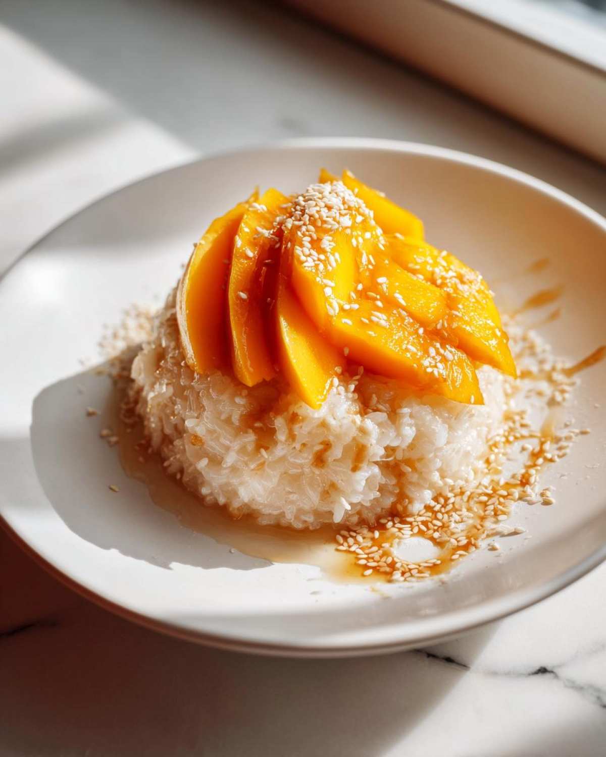 A beautiful serving of mango sticky rice topped with sliced fresh mango and toasted sesame seeds.