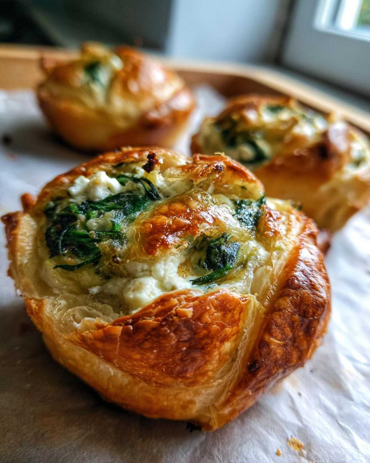 Close-up of a golden-brown Mediterranean Spinach and Feta Cheese Crisp with flaky pastry and visible spinach filling.