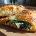 Close-up of a golden, flaky Mediterranean Spinach and Feta Cheese Crisps, showing the creamy white feta and dark green spinach filling.