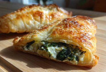 Close-up of a golden, flaky Mediterranean Spinach and Feta Cheese Crisps, showing the creamy white feta and dark green spinach filling.