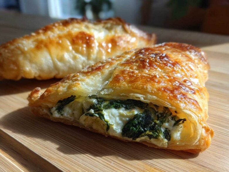 Close-up of a golden, flaky Mediterranean Spinach and Feta Cheese Crisps, showing the creamy white feta and dark green spinach filling.