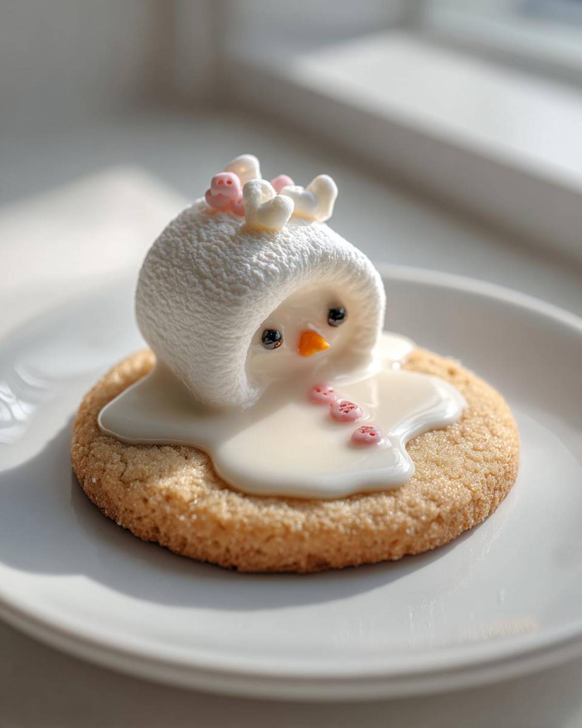 A close-up of one melted snowman cookies on a white plate, featuring a marshmallow head melting into white icing.