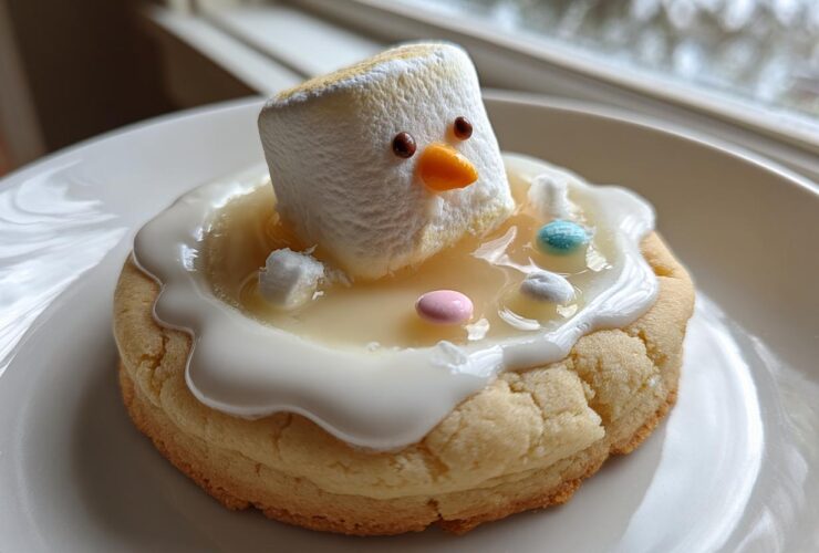 A single melted snowman cookie featuring a marshmallow head sinking into white icing, with candy buttons, set against a bright window background.