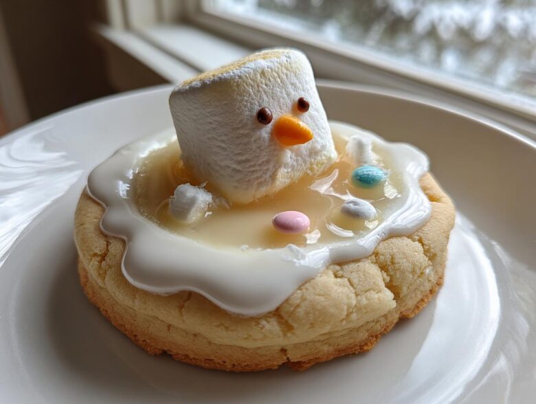 A single melted snowman cookie featuring a marshmallow head sinking into white icing, with candy buttons, set against a bright window background.