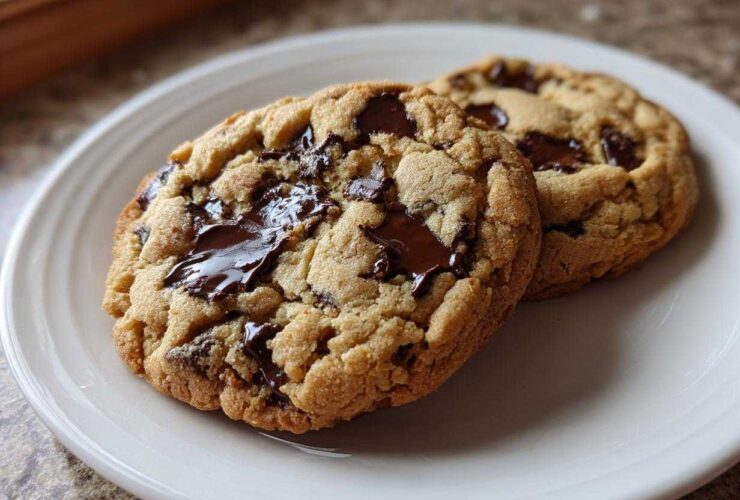 Two freshly baked vegan chocolate chip cookies with gooey, melted chocolate chunks on a white plate.
