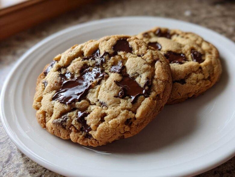 Two freshly baked vegan chocolate chip cookies with gooey, melted chocolate chunks on a white plate.