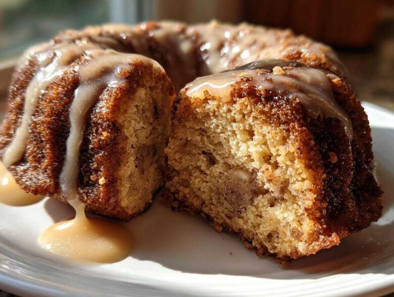 A slice cut from a moist apple bundt cake, drizzled heavily with a thick caramel glaze.