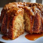 Close-up of a sliced apple dapple cake drizzled generously with thick caramel sauce.