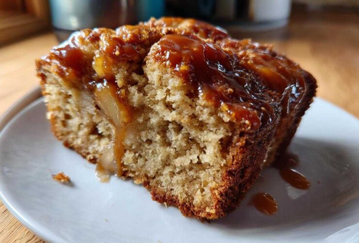 Close-up of a moist slice of apple dapple cake topped with gooey caramel sauce dripping down the side.