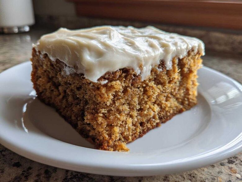 A square slice of moist applesauce cake topped with thick, creamy white frosting, served on a white plate.
