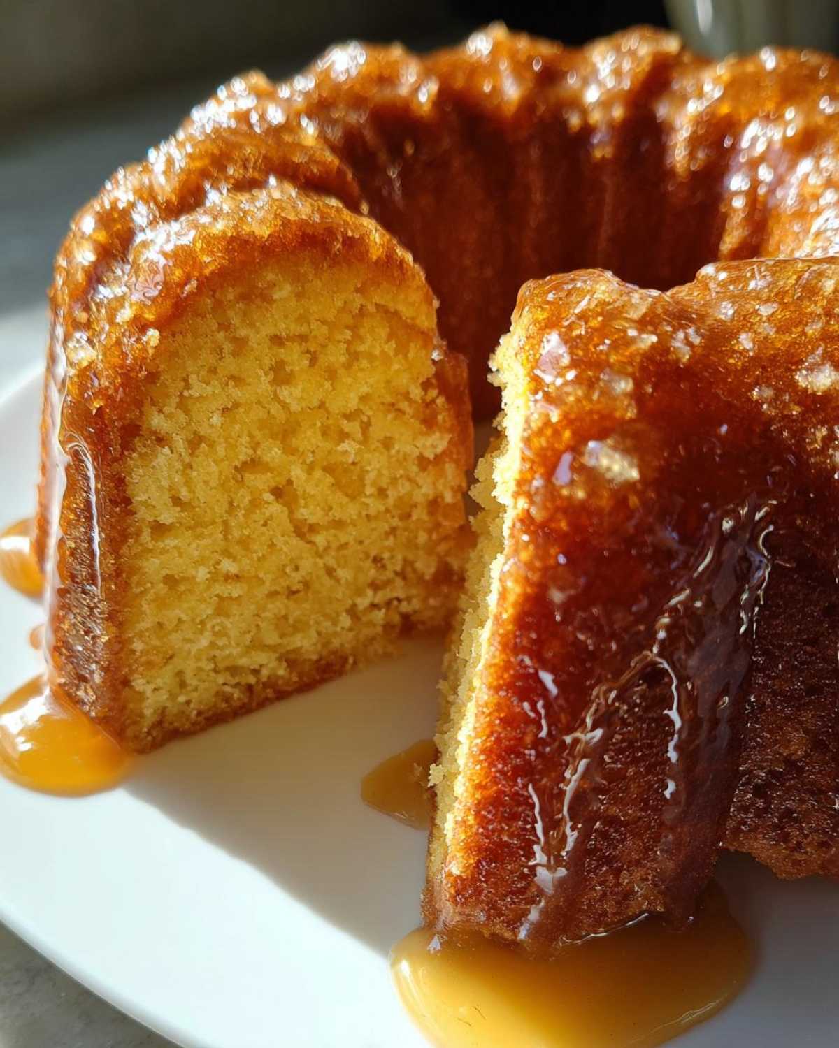 Close-up of a slice cut from a moist Bacardi rum cake, heavily drizzled with a shiny caramel glaze.