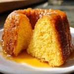 Close-up of a moist, golden Bacardi rum cake on a white plate with a slice cut out, dripping with rum glaze.