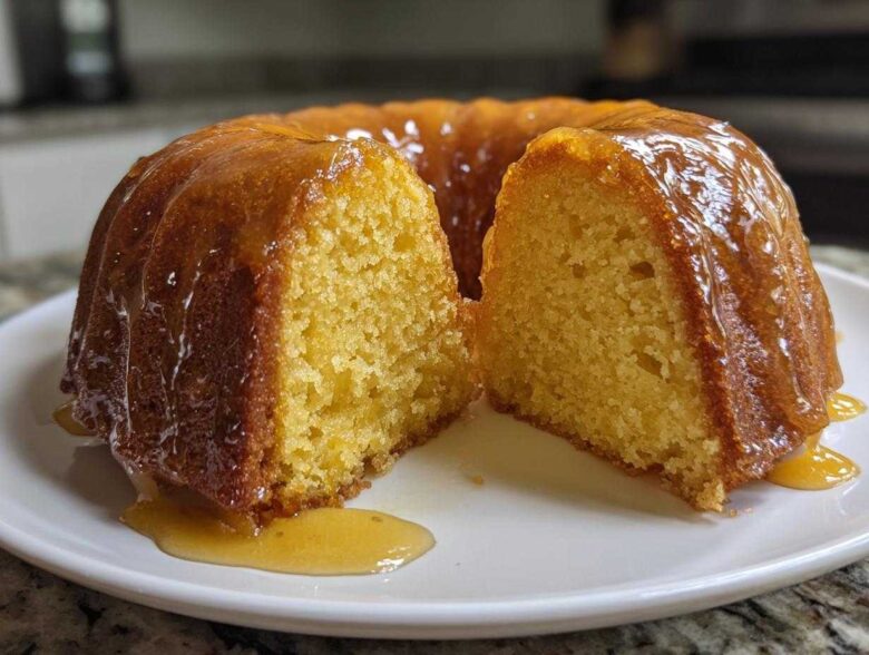 A golden, moist Bacardi Rum Cake, drizzled heavily with glaze, sliced in half on a white plate.