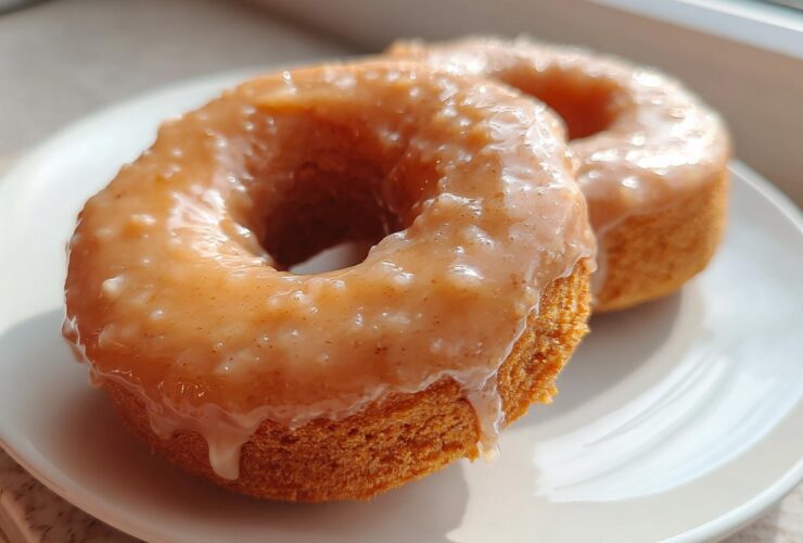 Two moist baked pumpkin donuts covered in a thick, speckled glaze, resting on a white plate.