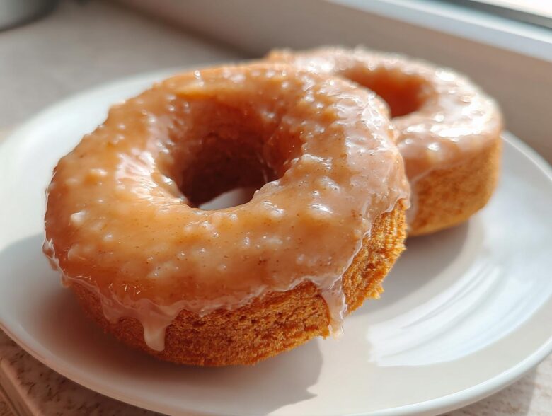 Two moist baked pumpkin donuts covered in a thick, speckled glaze, resting on a white plate.