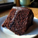 A close-up of a rich, moist slice of dark chocolate cake with thick fudge frosting.