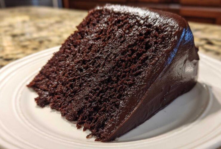 A close-up view of a moist slice of dark chocolate cake with rich, glossy frosting.