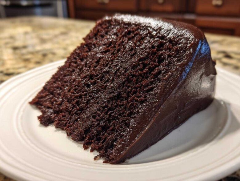 A close-up view of a moist slice of dark chocolate cake with rich, glossy frosting.