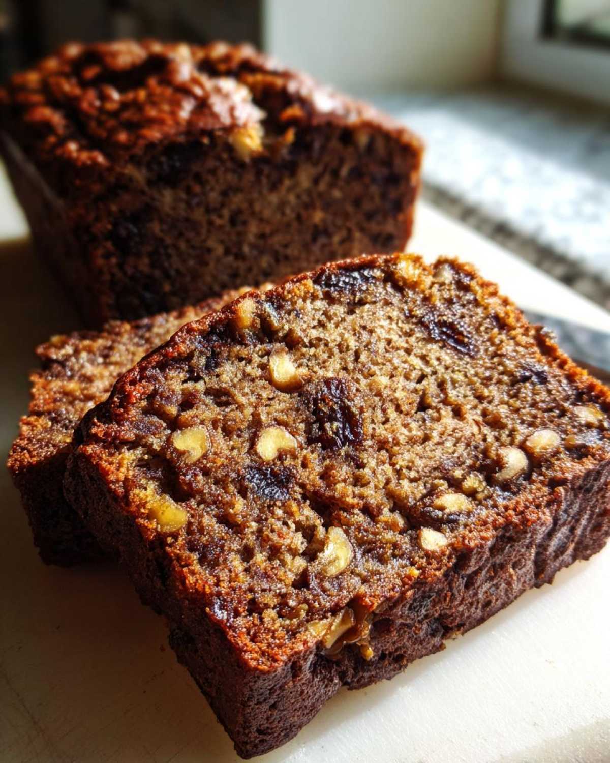 Close-up of two thick slices of moist date nut bread, showing walnuts and dates embedded in the crumb.