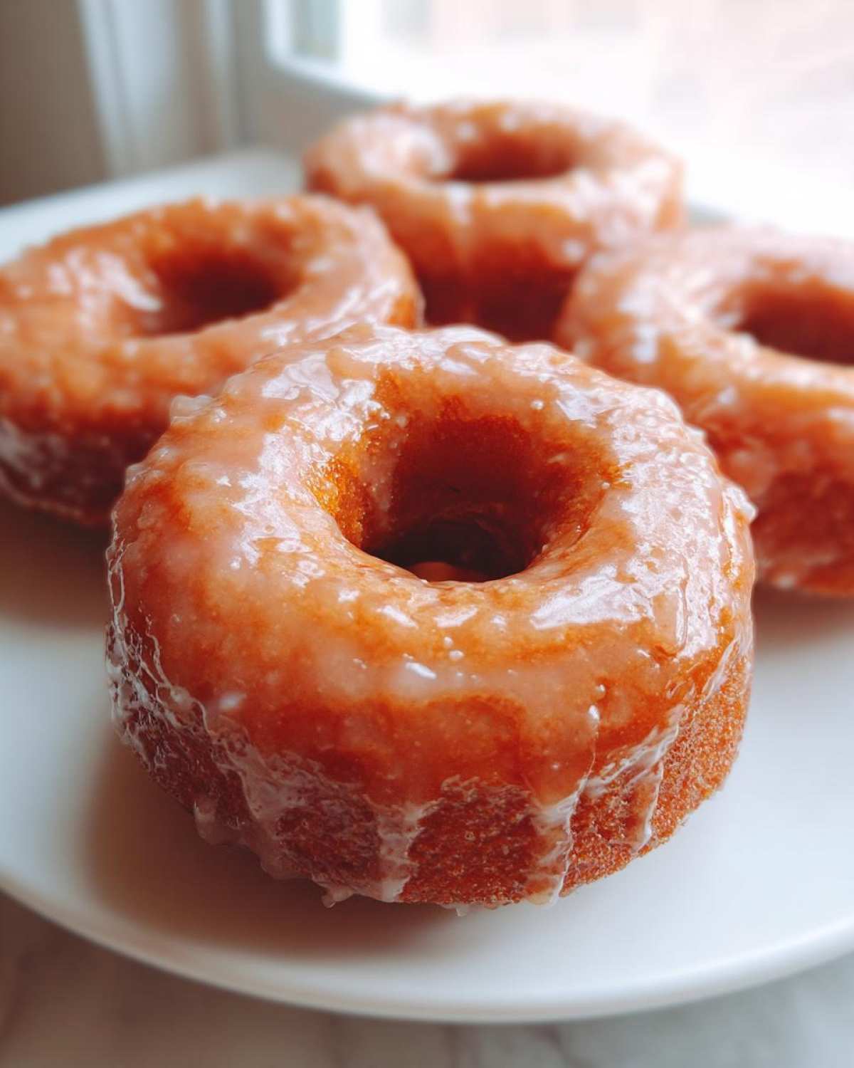 Close-up of several moist baked pumpkin donuts covered in a shiny, dripping vanilla glaze.