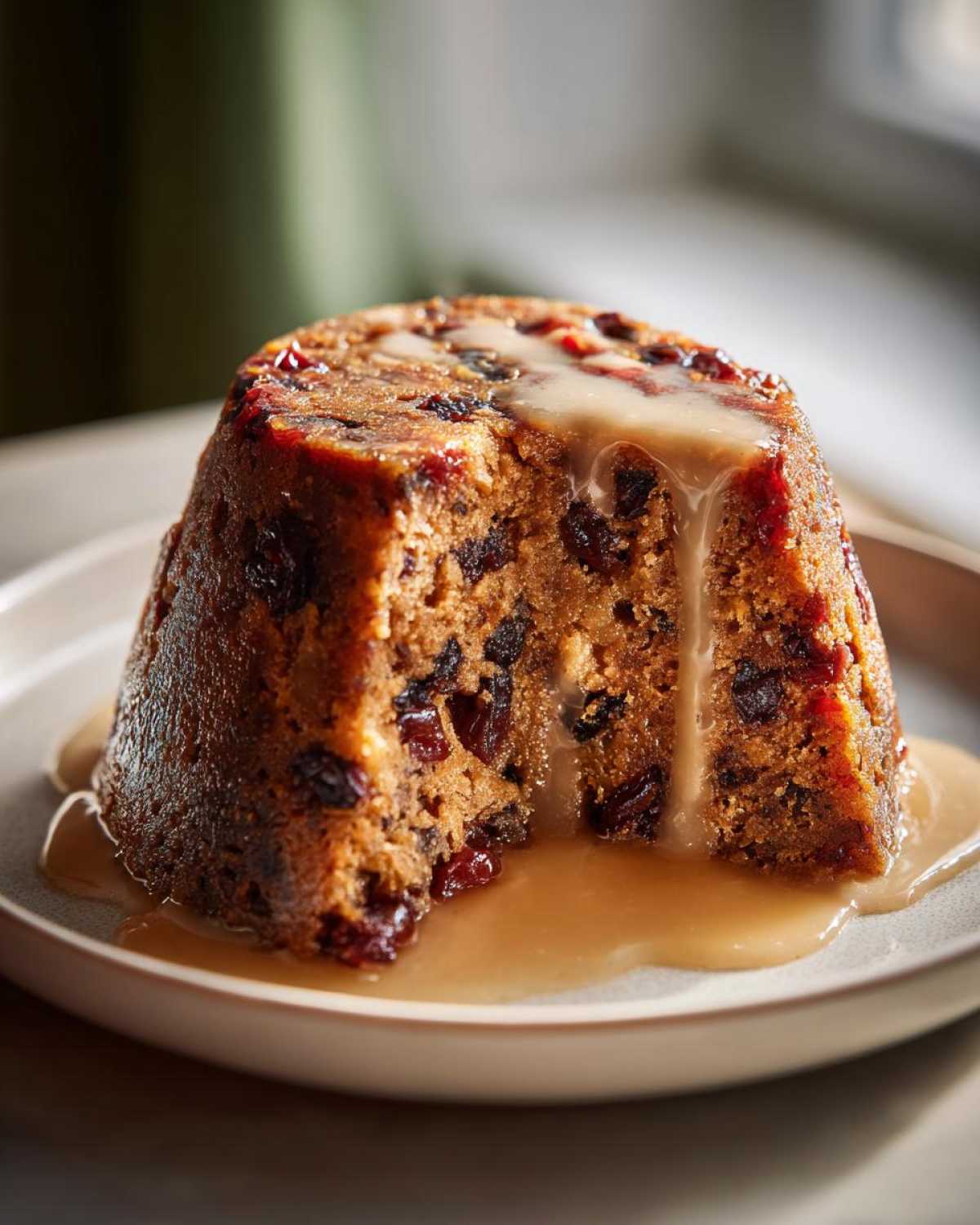 A close-up of a slice of rich, dark plum pudding covered in a flowing brandy or vanilla sauce.