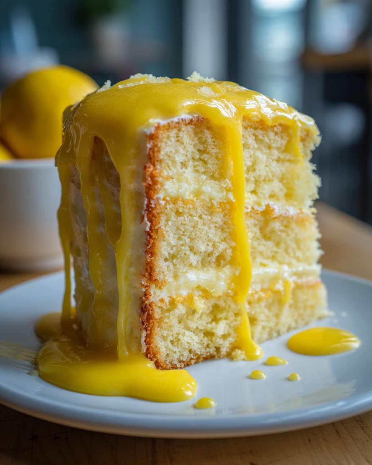 Close-up of a tall slice of moist layered cake drenched in bright yellow lemon glaze, part of a lemon cake recipe.