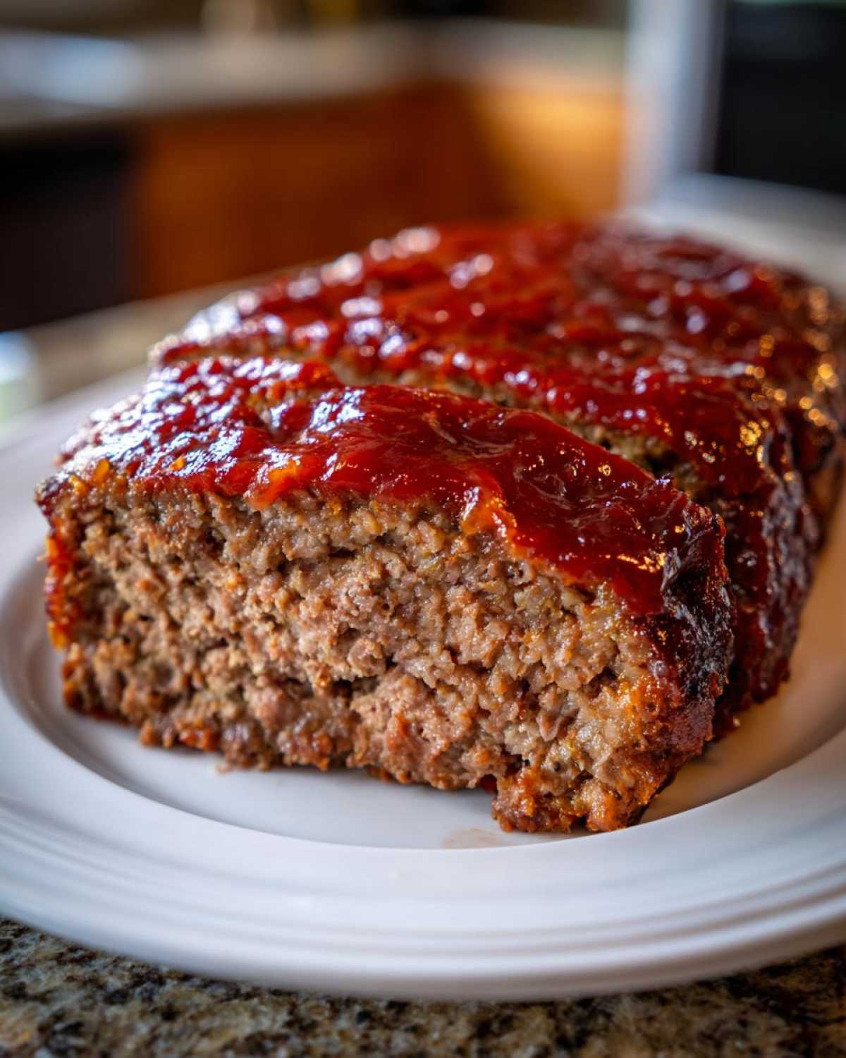 Close-up of a thick slice of juicy meatloaf topped with a rich, shiny red glaze, served on a white plate.