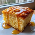 A close-up of a moist slice of sourdough cornbread topped with a thick drizzle of golden honey.