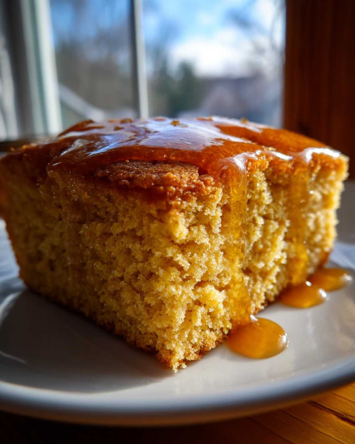 Close-up of a moist slice of sourdough cornbread generously topped with dripping honey on a white plate.