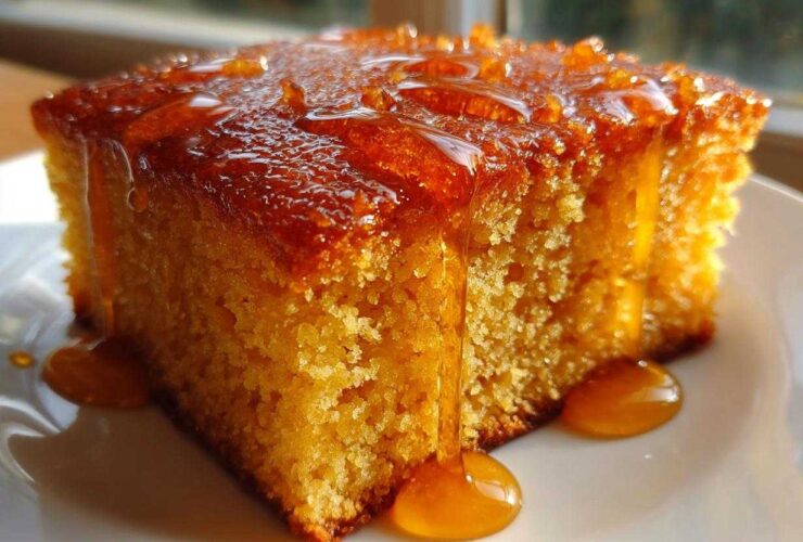 Close-up of a slice of moist sourdough cornbread generously drizzled with golden honey.