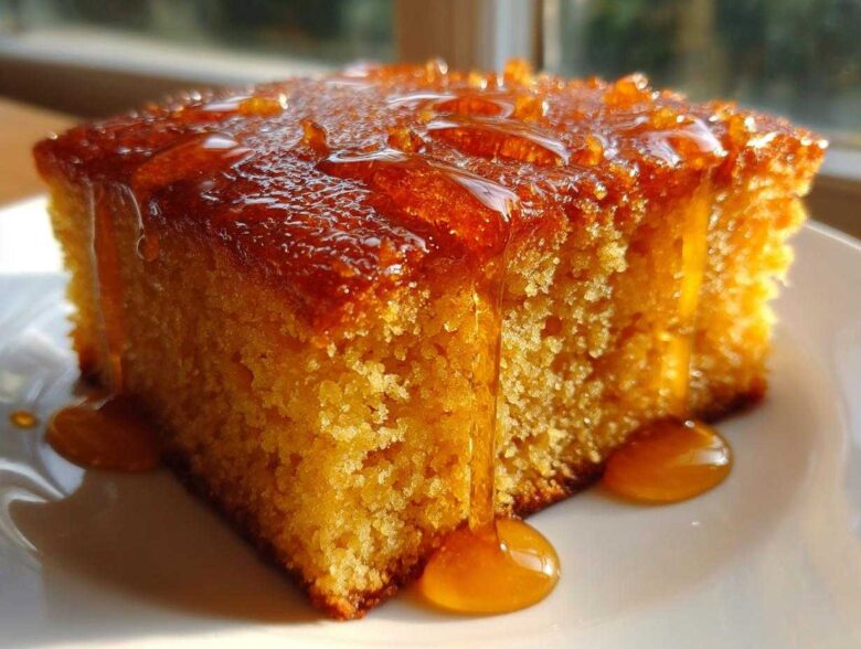 Close-up of a slice of moist sourdough cornbread generously drizzled with golden honey.