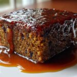 Close-up of a square slice of moist sticky toffee pudding recipe drenched in rich, glossy toffee sauce.