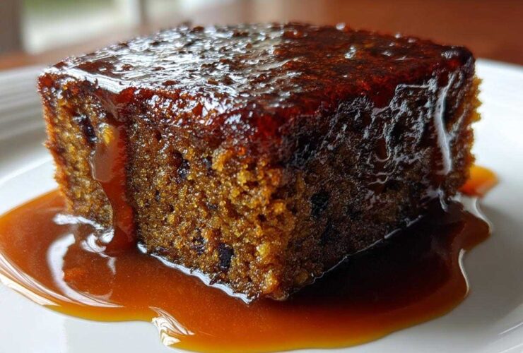 Close-up of a square slice of moist sticky toffee pudding recipe drenched in rich, glossy toffee sauce.