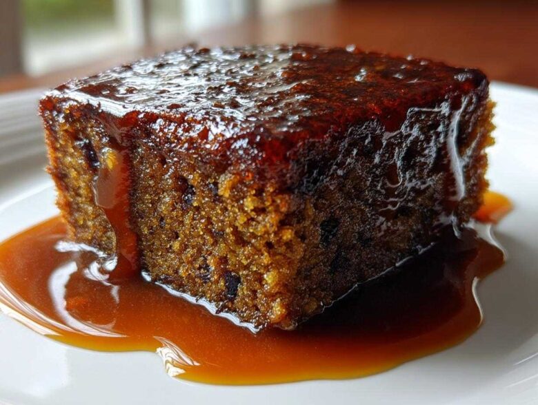 Close-up of a square slice of moist sticky toffee pudding recipe drenched in rich, glossy toffee sauce.