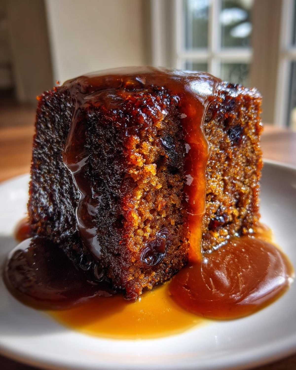 A close-up of a square slice of moist sticky toffee pudding recipe cake drenched in rich toffee sauce.