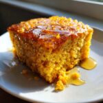 A square slice of bright orange sweet potato cornbread drizzled with a shiny glaze, sitting on a white plate.