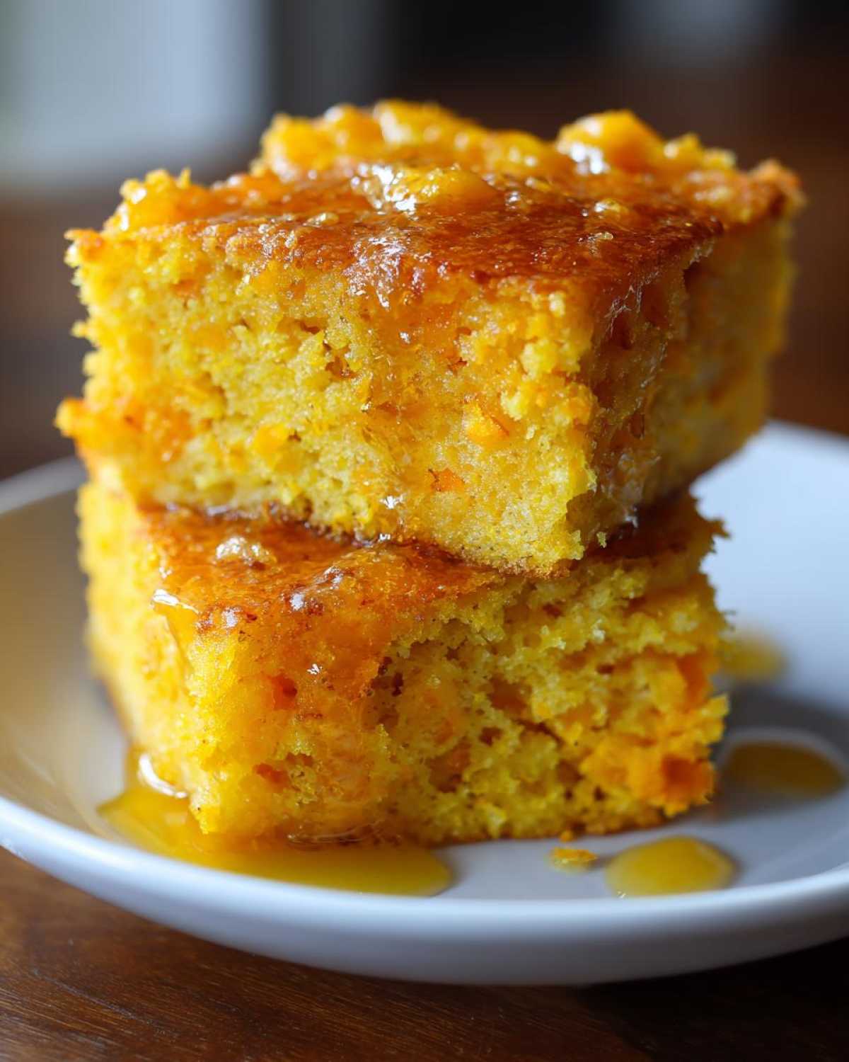 Two stacked, moist slices of bright orange sweet potato cornbread drizzled generously with honey or syrup.