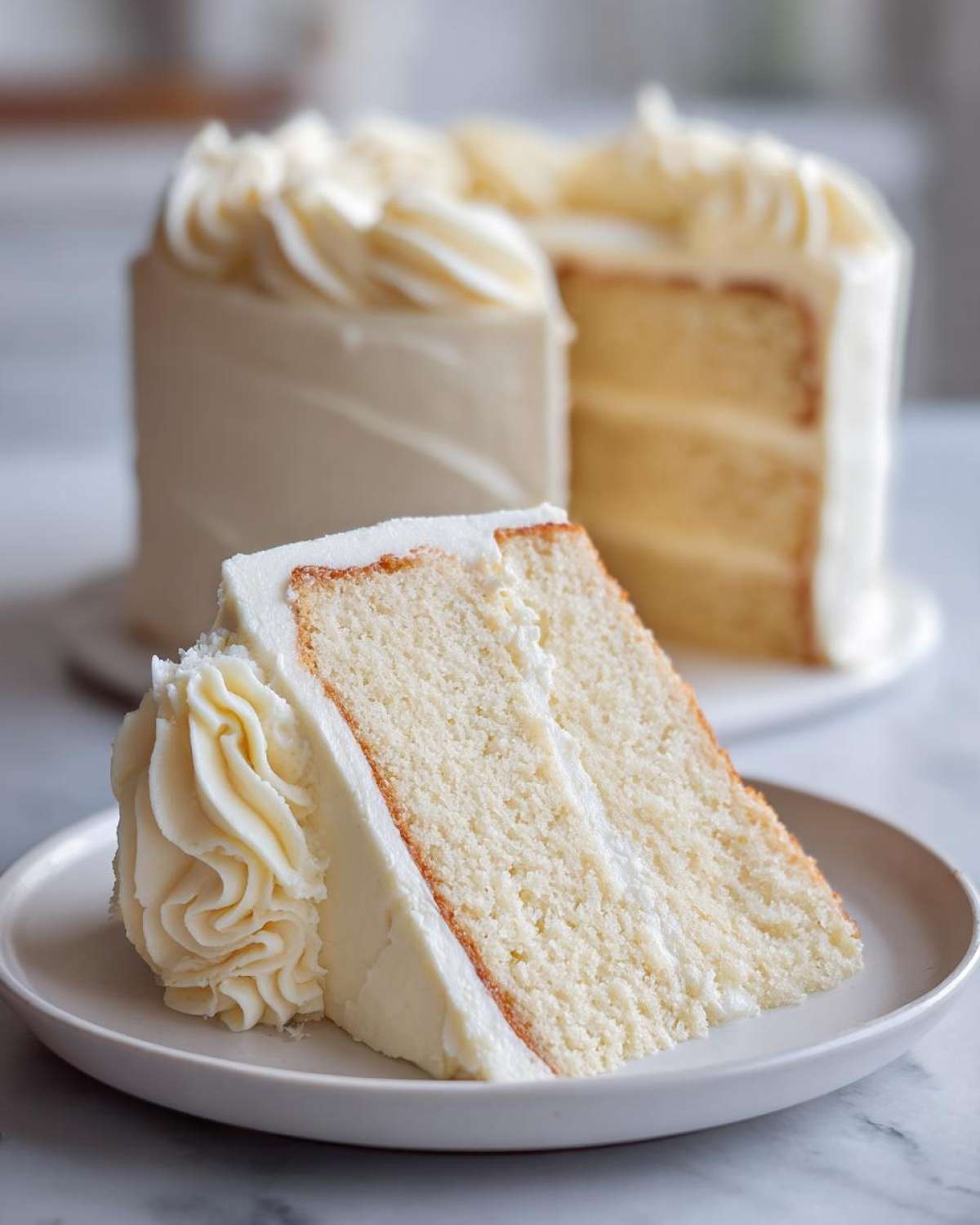 A close-up slice of moist vanilla cake recipe layered with white frosting, with the rest of the cake blurred in the background.